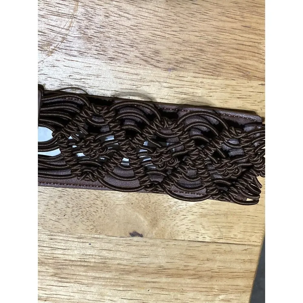 Brown Bonded Leather Belt Braided Woven Brass‎ Buckle Sz L